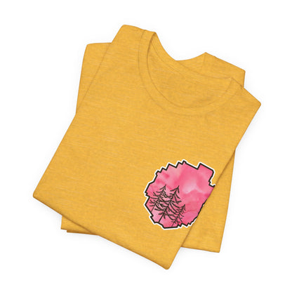 Adirondack Park Watercolor T-Shirt – Pine Tree Silhouette Design, Pink Watercolor| Bella+Canvas Tee