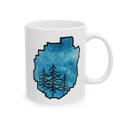 Adirondack Park Watercolor Mug – Pine Tree Forest Blue Watercolor Design  (11 oz or 15 oz)