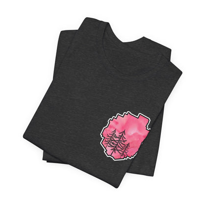 Adirondack Park Watercolor T-Shirt – Pine Tree Silhouette Design, Pink Watercolor| Bella+Canvas Tee