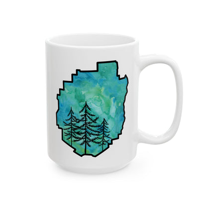 Adirondack Park Watercolor Mug – Pine Tree Forest Green Watercolor Design  (11 oz or 15 oz)
