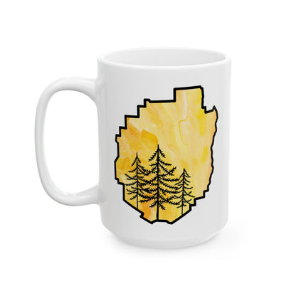 Adirondack Park Watercolor Mug – Pine Tree Forest Yellow Watercolor Design  (11 oz or 15 oz)