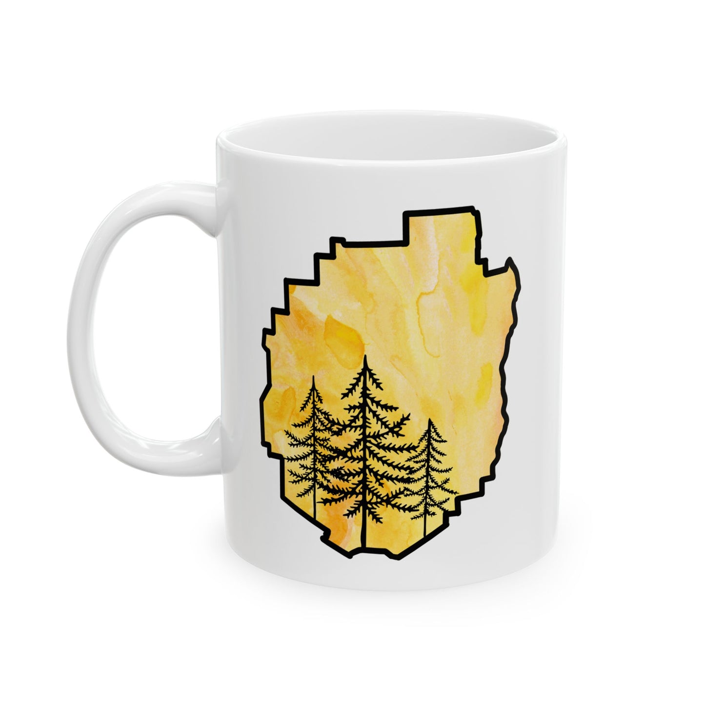 Adirondack Park Watercolor Mug – Pine Tree Forest Yellow Watercolor Design  (11 oz or 15 oz)