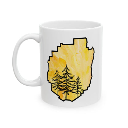 Adirondack Park Watercolor Mug – Pine Tree Forest Yellow Watercolor Design  (11 oz or 15 oz)