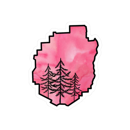Adirondack Park Pine Tree Silhouette Vinyl Sticker – Pink Watercolor – Car, Laptop Decal