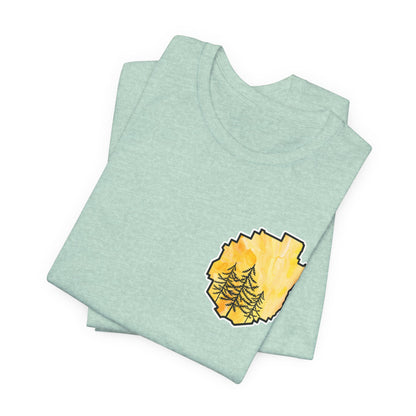 Adirondack Park Watercolor T-Shirt – Pine Tree Silhouette Design, Yellow Watercolor| Bella+Canvas Tee