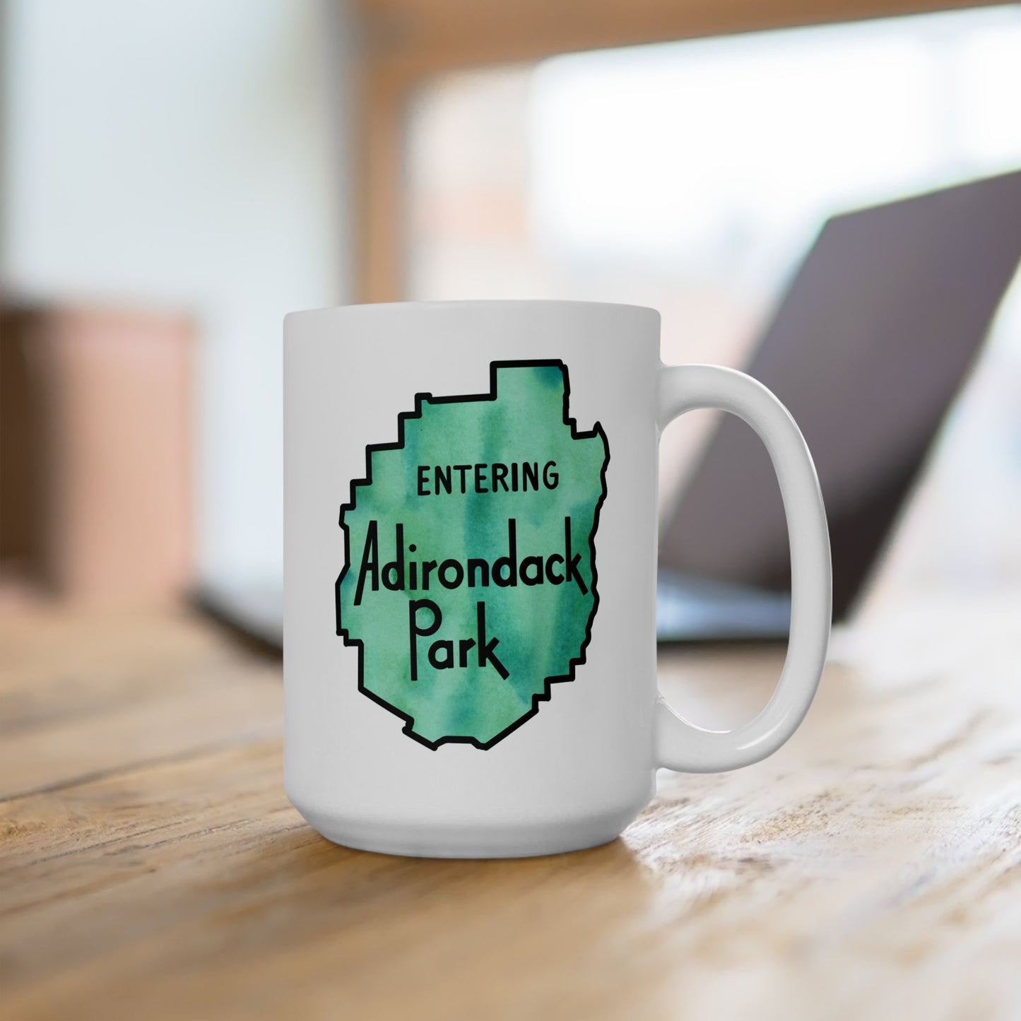 Entering Adirondack Park Mug – Watercolor Design with Iconic Park Sign (11 oz or 15 oz) - Green Watercolor