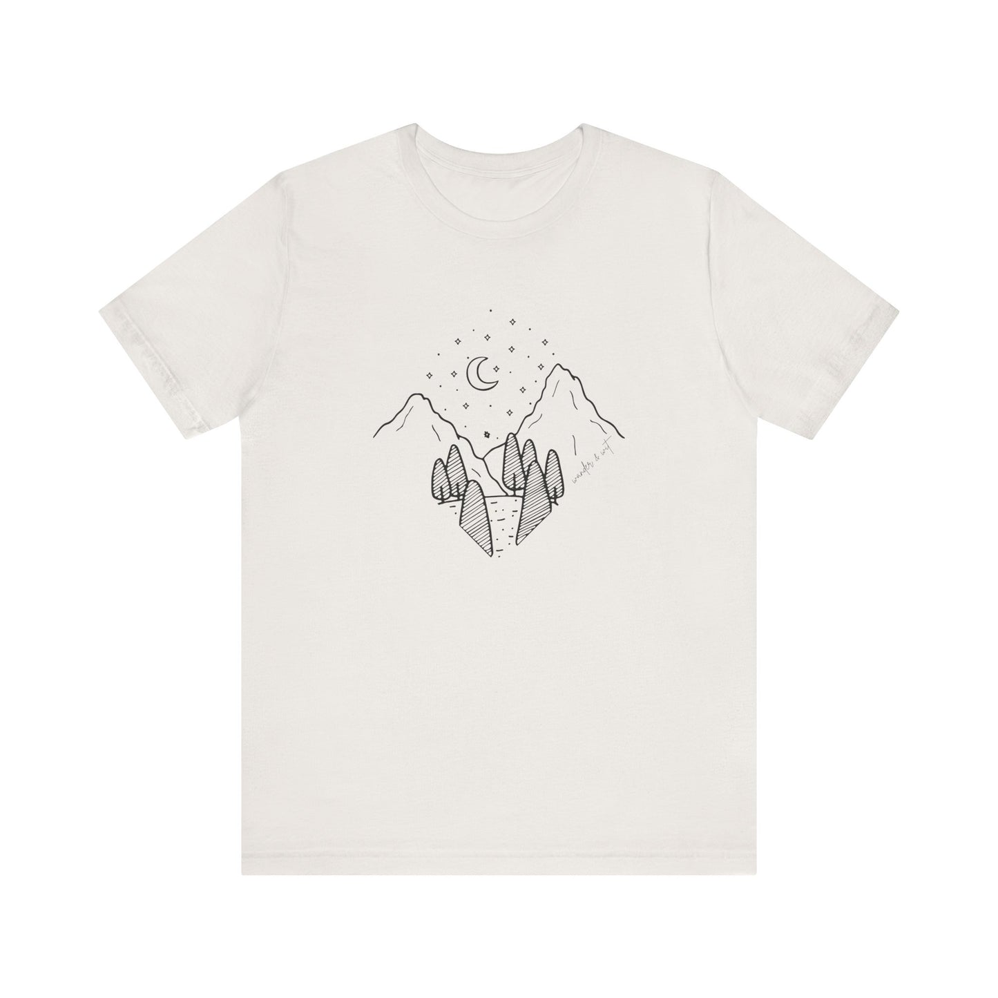 Minimalist Mountain & Moon T-Shirt – Line Art Nature Scene | Bella+Canvas Tee