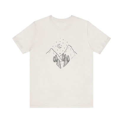 Minimalist Mountain & Moon T-Shirt – Line Art Nature Scene | Bella+Canvas Tee