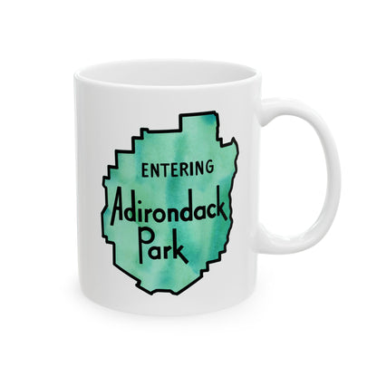 Entering Adirondack Park Mug – Watercolor Design with Iconic Park Sign (11 oz or 15 oz) - Green Watercolor