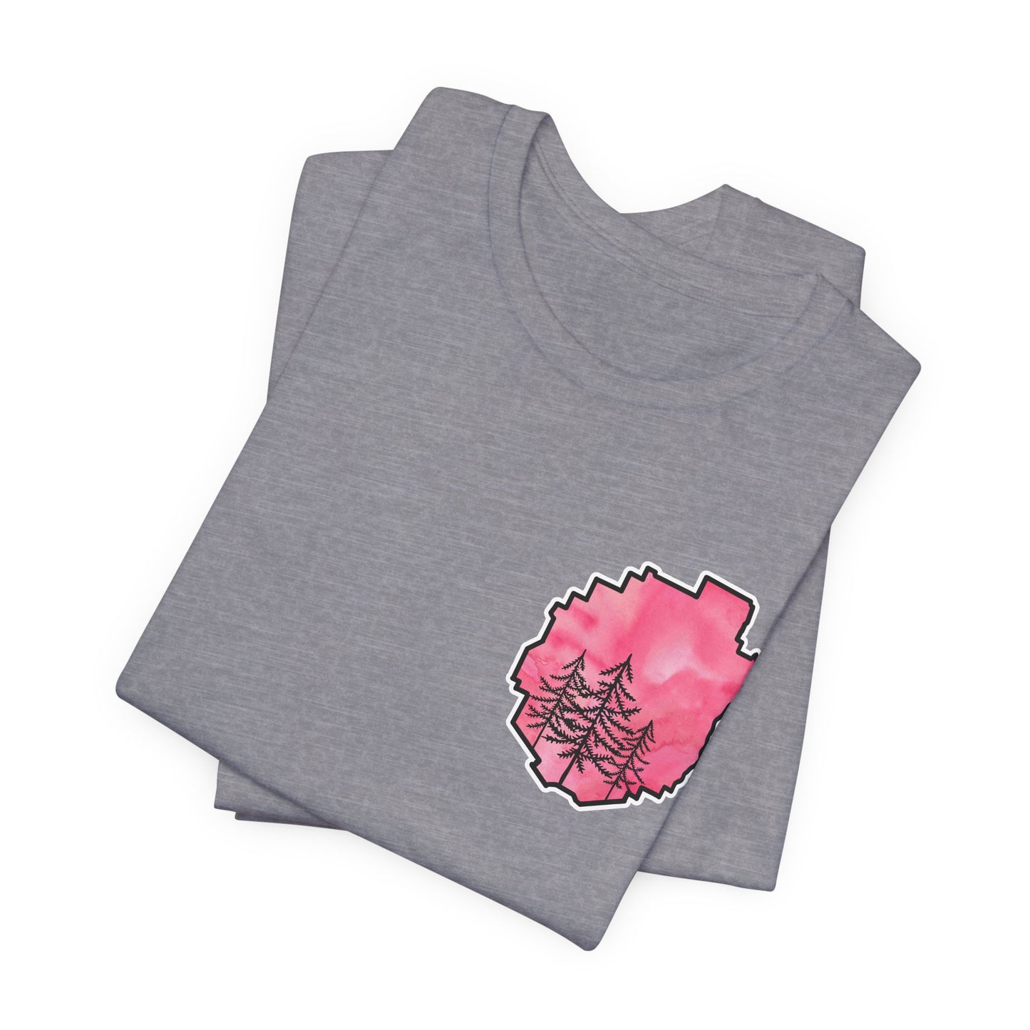 Adirondack Park Watercolor T-Shirt – Pine Tree Silhouette Design, Pink Watercolor| Bella+Canvas Tee