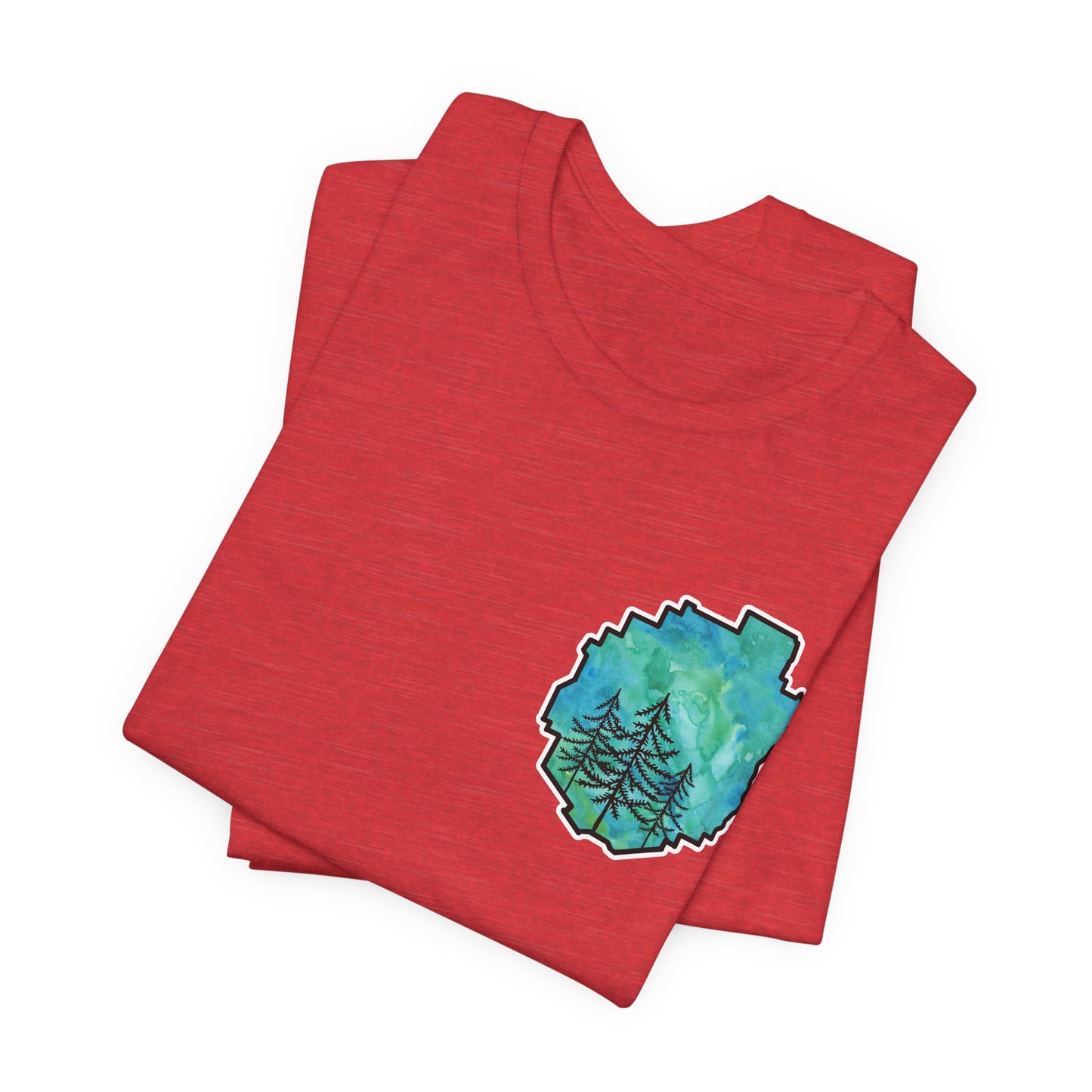 Adirondack Park Watercolor T-Shirt – Pine Tree Silhouette Design, Green Watercolor| Bella+Canvas Tee