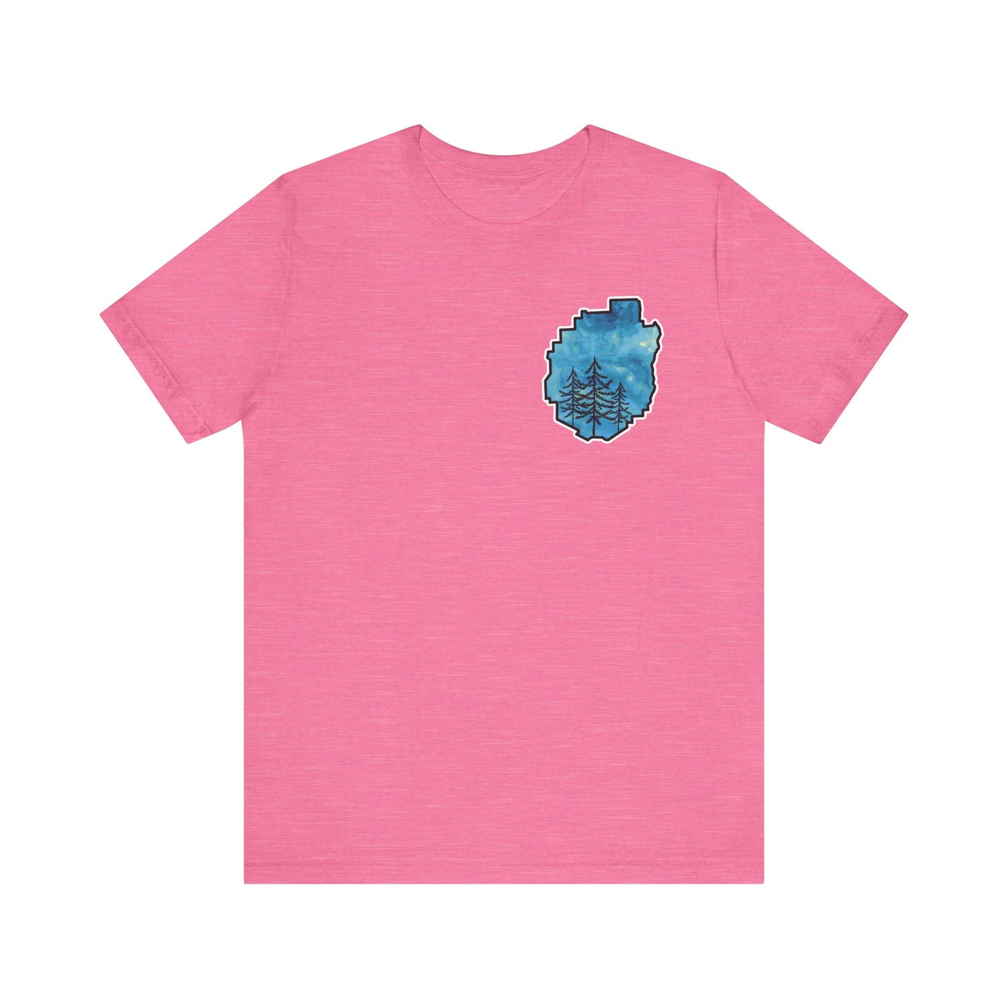 Adirondack Park Watercolor T-Shirt – Pine Tree Silhouette Design, Blue Watercolor| Bella+Canvas Tee