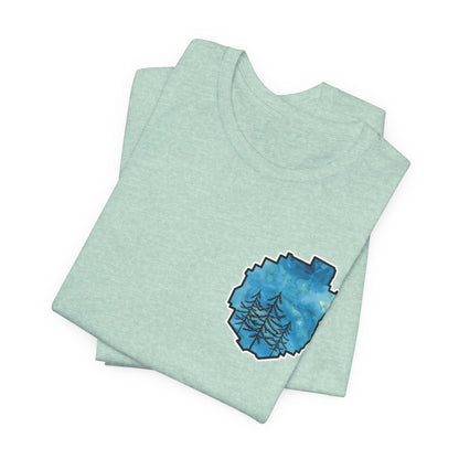 Adirondack Park Watercolor T-Shirt – Pine Tree Silhouette Design, Blue Watercolor| Bella+Canvas Tee
