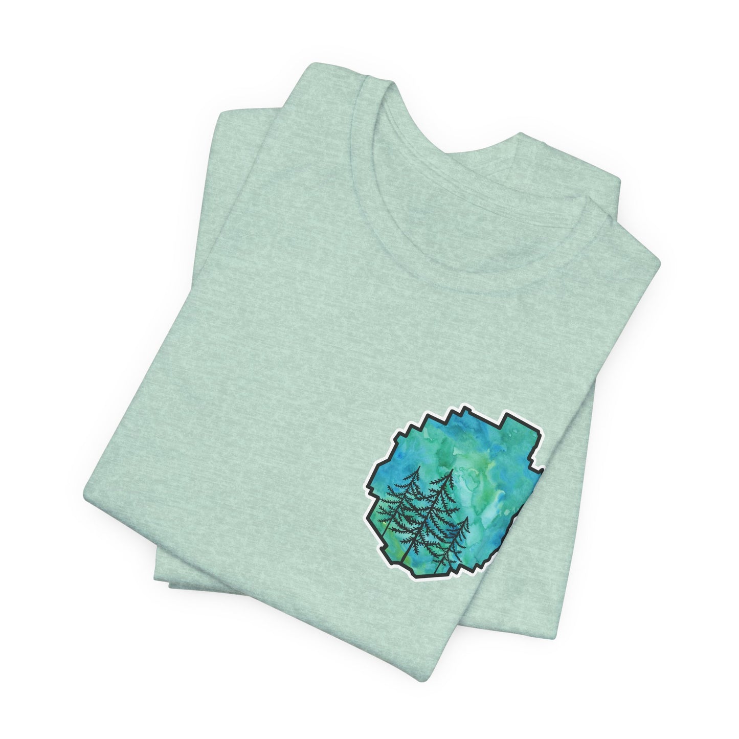 Adirondack Park Watercolor T-Shirt – Pine Tree Silhouette Design, Green Watercolor| Bella+Canvas Tee