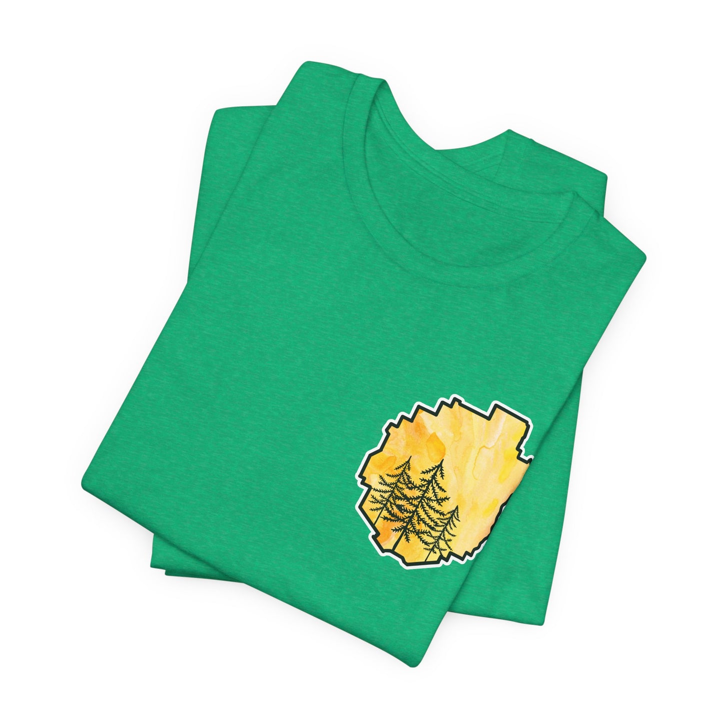 Adirondack Park Watercolor T-Shirt – Pine Tree Silhouette Design, Yellow Watercolor| Bella+Canvas Tee