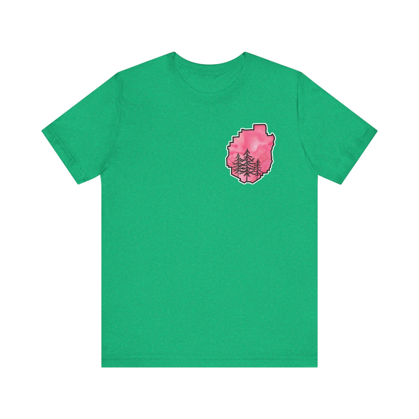Adirondack Park Watercolor T-Shirt – Pine Tree Silhouette Design, Pink Watercolor| Bella+Canvas Tee
