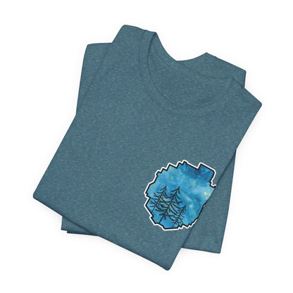 Adirondack Park Watercolor T-Shirt – Pine Tree Silhouette Design, Blue Watercolor| Bella+Canvas Tee