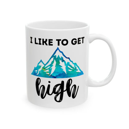 I Like to Get High Mountain Mug – Funny Hiking Coffee Cup with Blue Green Watercolor, Outdoor Lover Gift, Nature-Inspired Camp Mug