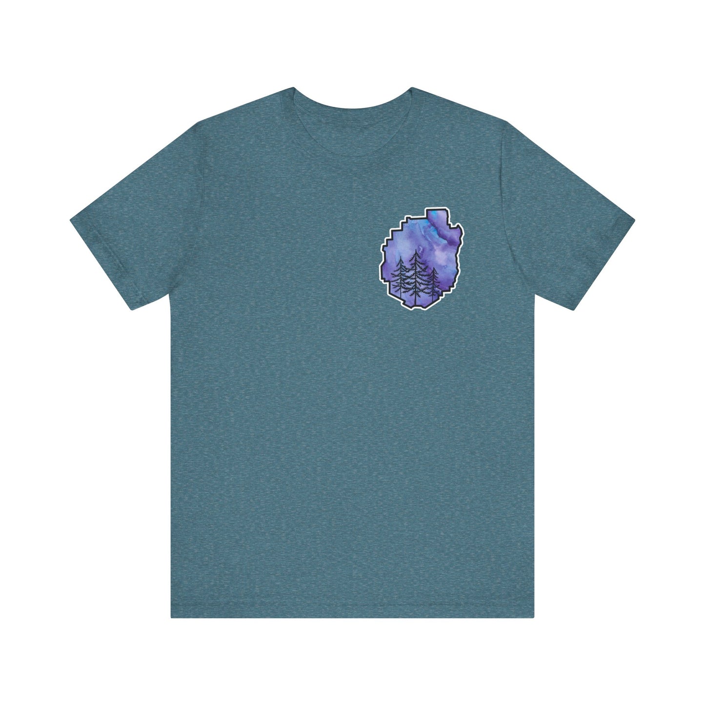 Adirondack Park Watercolor T-Shirt – Pine Tree Silhouette Design, Purple Watercolor| Bella+Canvas Tee