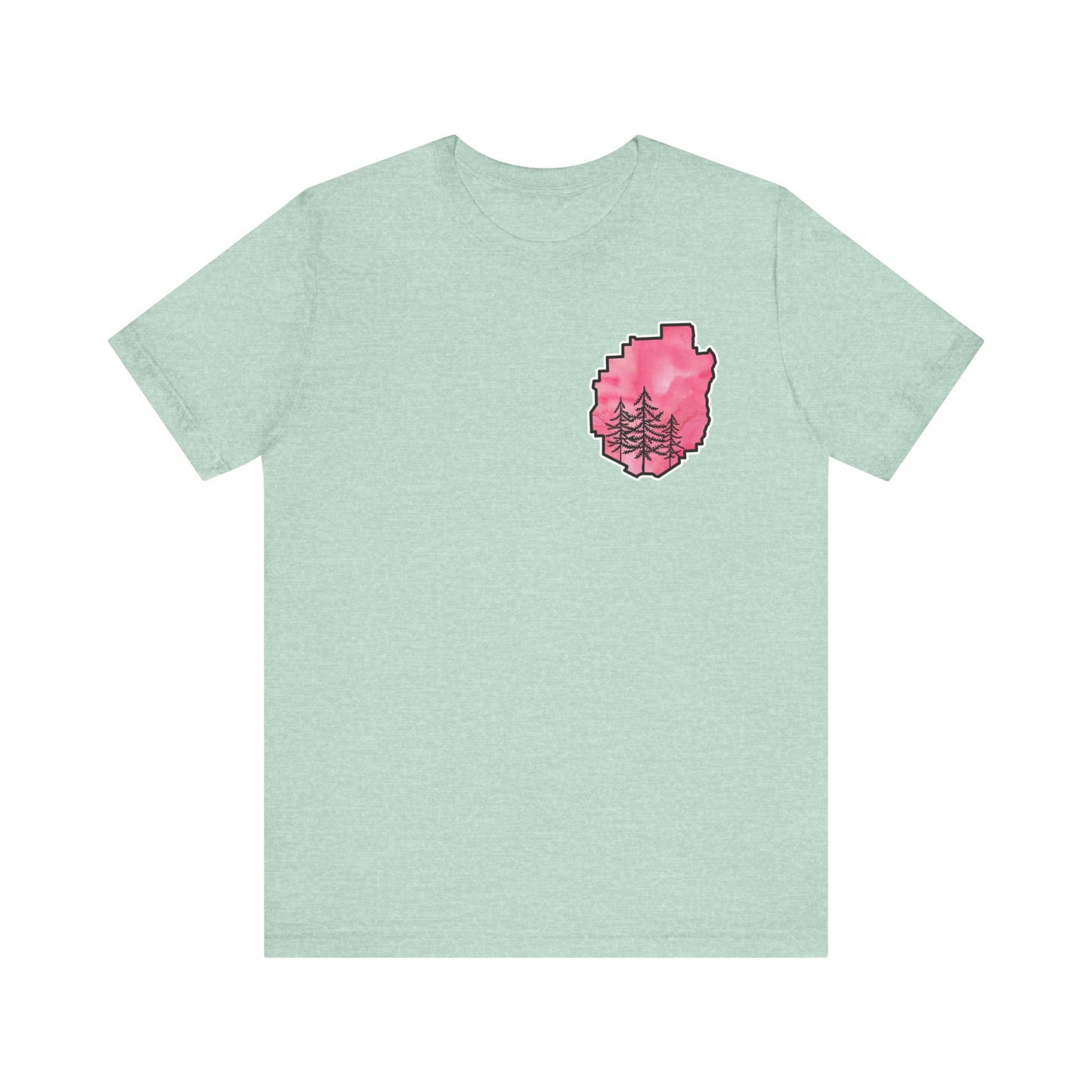 Adirondack Park Watercolor T-Shirt – Pine Tree Silhouette Design, Pink Watercolor| Bella+Canvas Tee