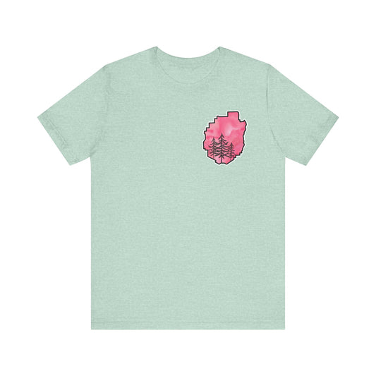 Adirondack Park Watercolor T-Shirt – Pine Tree Silhouette Design, Pink Watercolor| Bella+Canvas Tee