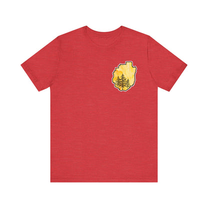 Adirondack Park Watercolor T-Shirt – Pine Tree Silhouette Design, Yellow Watercolor| Bella+Canvas Tee