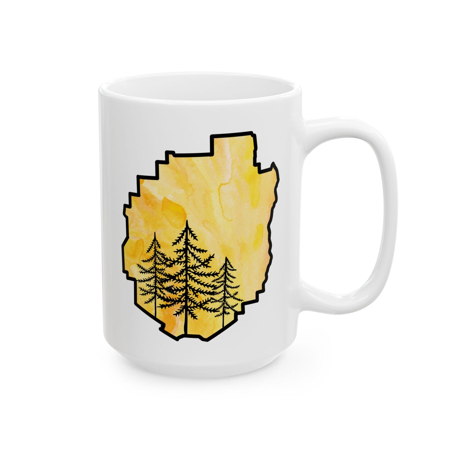Adirondack Park Watercolor Mug – Pine Tree Forest Yellow Watercolor Design  (11 oz or 15 oz)