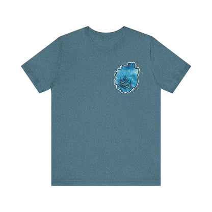 Adirondack Park Watercolor T-Shirt – Pine Tree Silhouette Design, Blue Watercolor| Bella+Canvas Tee