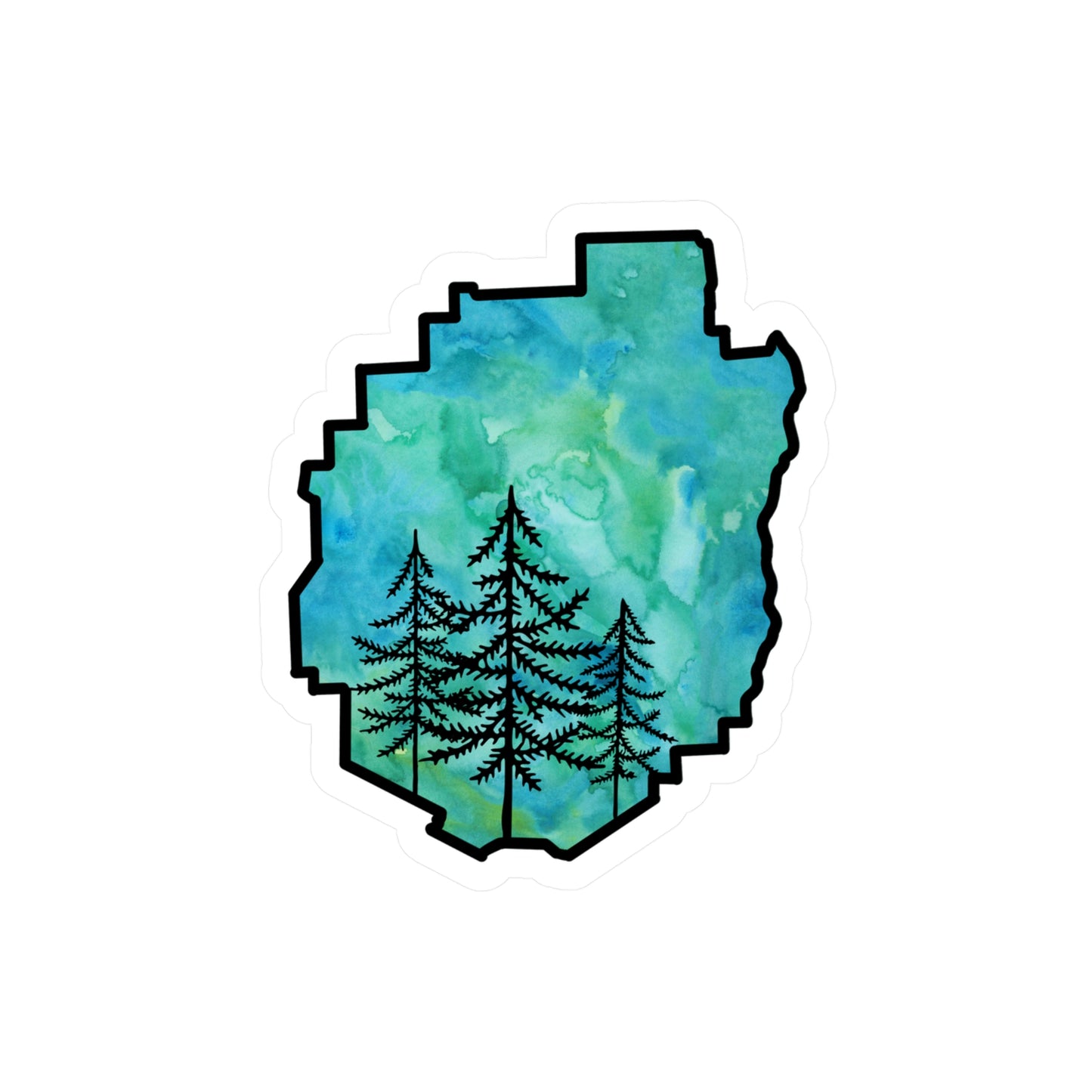 Adirondack Park Pine Tree Silhouette Vinyl Sticker – Green Watercolor – Car, Laptop Decal