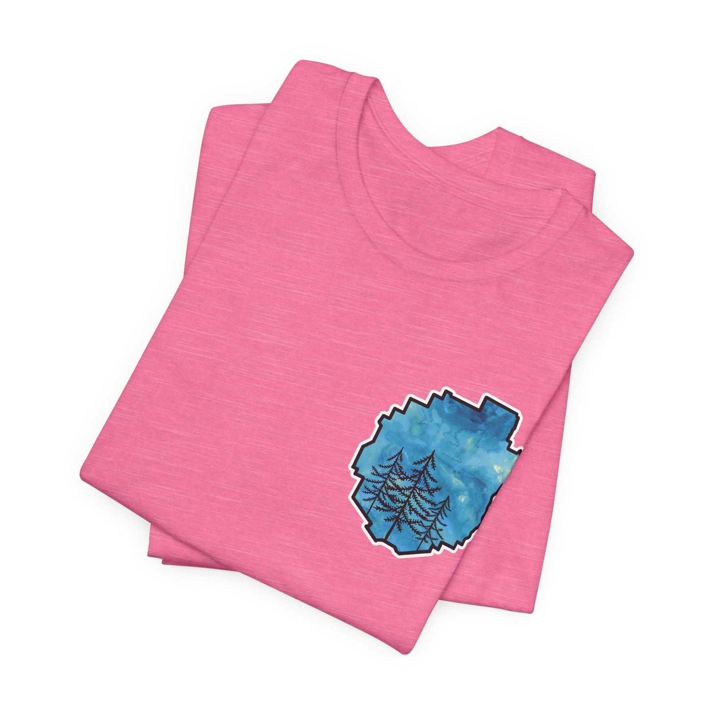 Adirondack Park Watercolor T-Shirt – Pine Tree Silhouette Design, Blue Watercolor| Bella+Canvas Tee