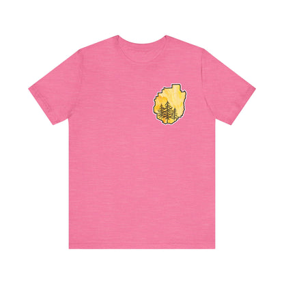 Adirondack Park Watercolor T-Shirt – Pine Tree Silhouette Design, Yellow Watercolor| Bella+Canvas Tee