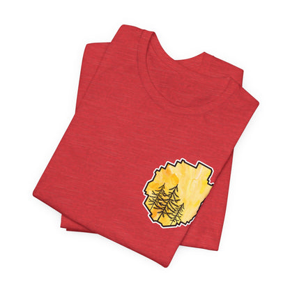Adirondack Park Watercolor T-Shirt – Pine Tree Silhouette Design, Yellow Watercolor| Bella+Canvas Tee