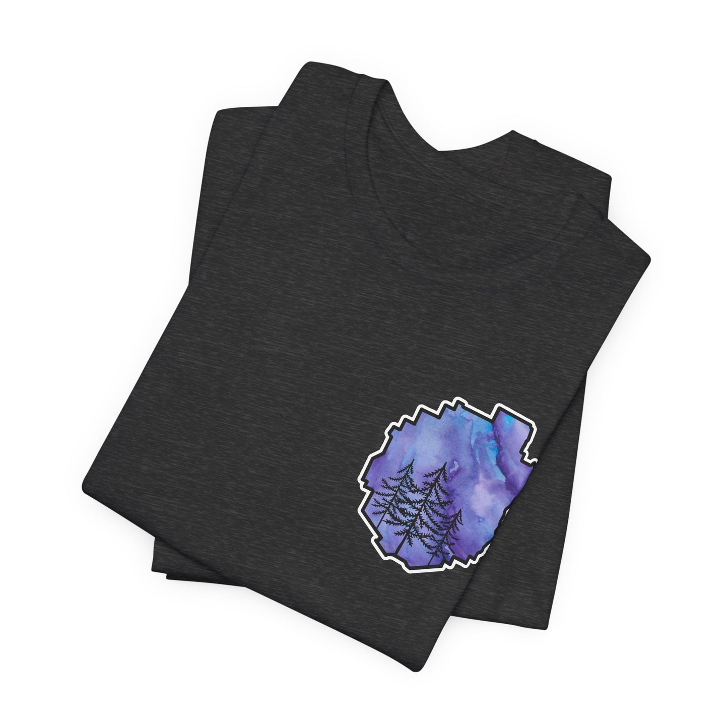 Adirondack Park Watercolor T-Shirt – Pine Tree Silhouette Design, Purple Watercolor| Bella+Canvas Tee