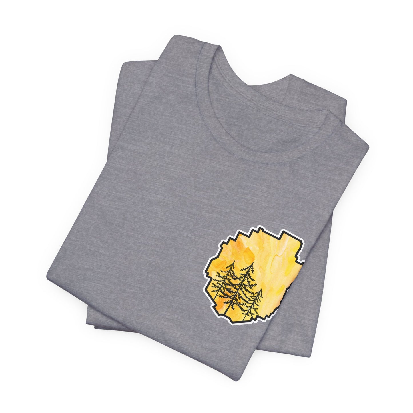 Adirondack Park Watercolor T-Shirt – Pine Tree Silhouette Design, Yellow Watercolor| Bella+Canvas Tee