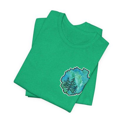 Adirondack Park Watercolor T-Shirt – Pine Tree Silhouette Design, Green Watercolor| Bella+Canvas Tee