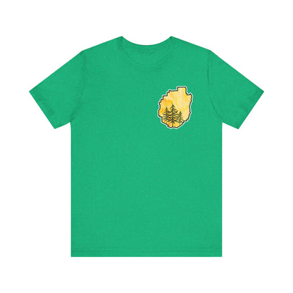 Adirondack Park Watercolor T-Shirt – Pine Tree Silhouette Design, Yellow Watercolor| Bella+Canvas Tee