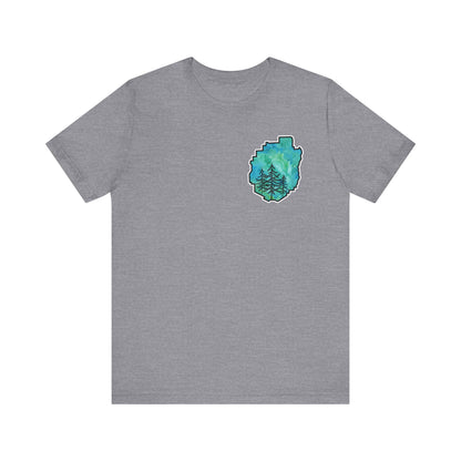 Adirondack Park Watercolor T-Shirt – Pine Tree Silhouette Design, Green Watercolor| Bella+Canvas Tee