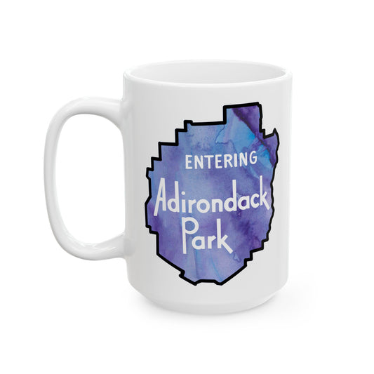 Entering Adirondack Park Mug – Watercolor Design with Iconic Park Sign (11 oz or 15 oz) - Purple Watercolor