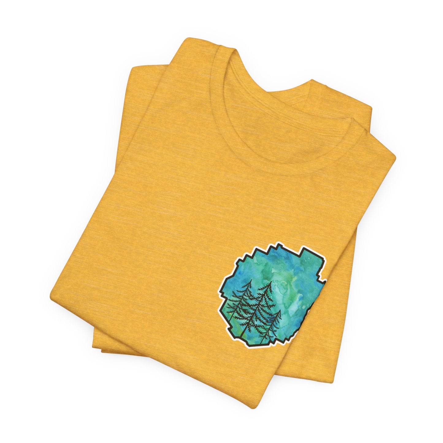 Adirondack Park Watercolor T-Shirt – Pine Tree Silhouette Design, Green Watercolor| Bella+Canvas Tee