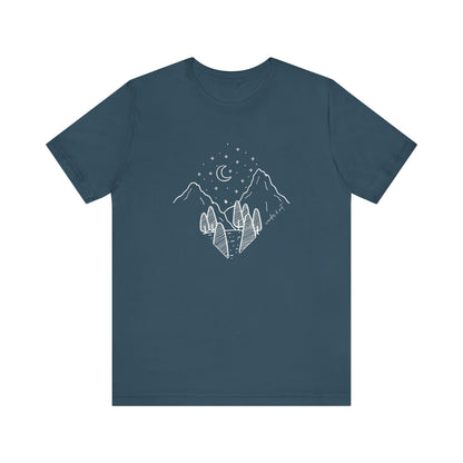 Minimalist Mountain & Moon T-Shirt – Line Art Nature Scene | Bella+Canvas Tee