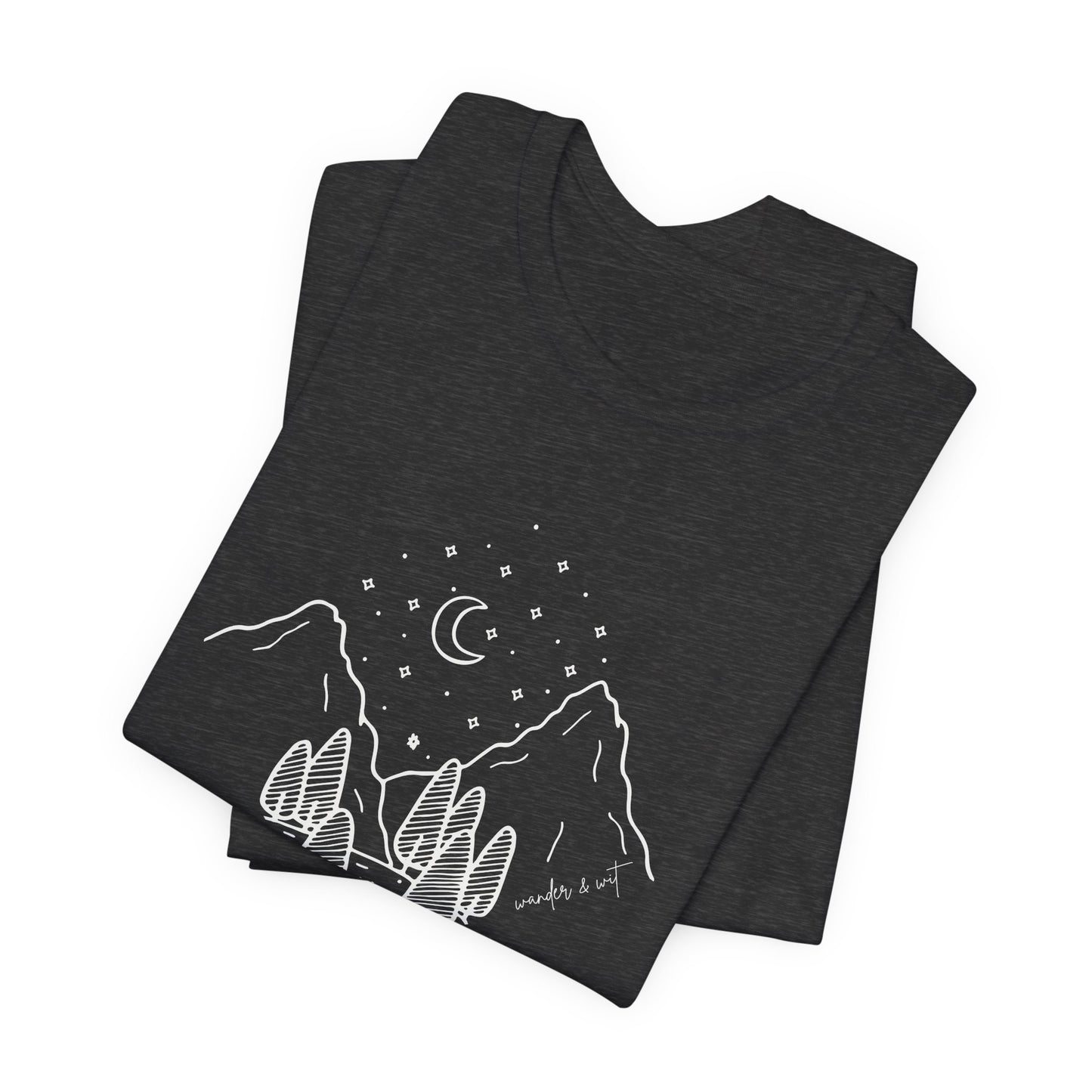 Minimalist Mountain & Moon T-Shirt – Line Art Nature Scene | Bella+Canvas Tee