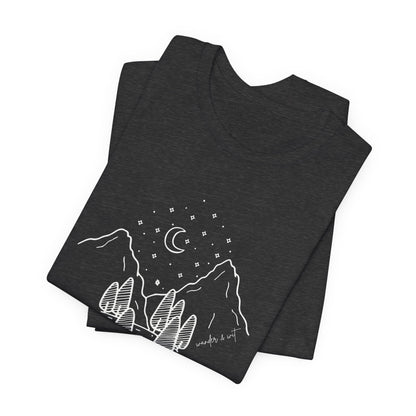 Minimalist Mountain & Moon T-Shirt – Line Art Nature Scene | Bella+Canvas Tee