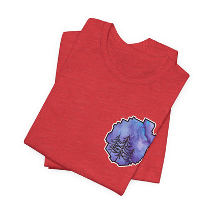 Adirondack Park Watercolor T-Shirt – Pine Tree Silhouette Design, Purple Watercolor| Bella+Canvas Tee