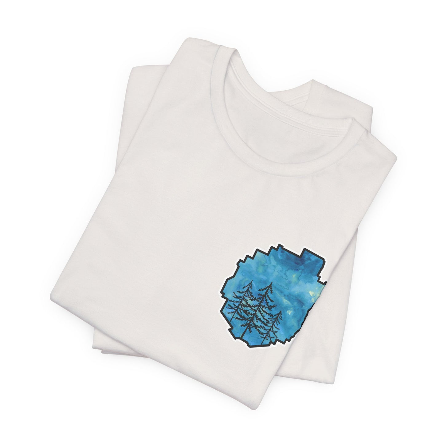 Adirondack Park Watercolor T-Shirt – Pine Tree Silhouette Design, Blue Watercolor| Bella+Canvas Tee