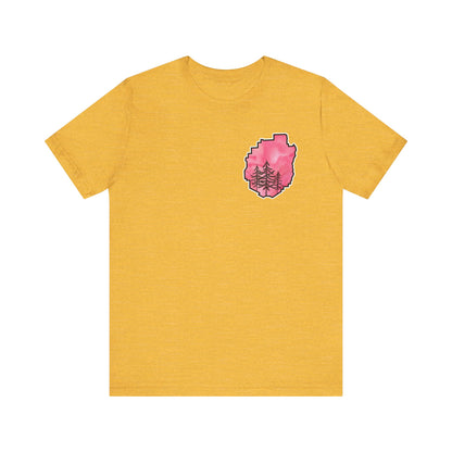 Adirondack Park Watercolor T-Shirt – Pine Tree Silhouette Design, Pink Watercolor| Bella+Canvas Tee