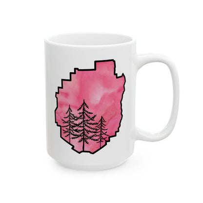 Adirondack Park Watercolor Mug – Pine Tree Forest Pink Watercolor Design  (11 oz or 15 oz)