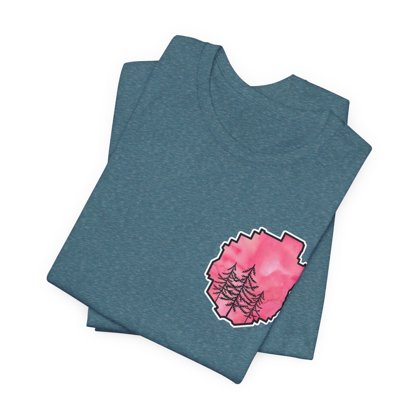 Adirondack Park Watercolor T-Shirt – Pine Tree Silhouette Design, Pink Watercolor| Bella+Canvas Tee