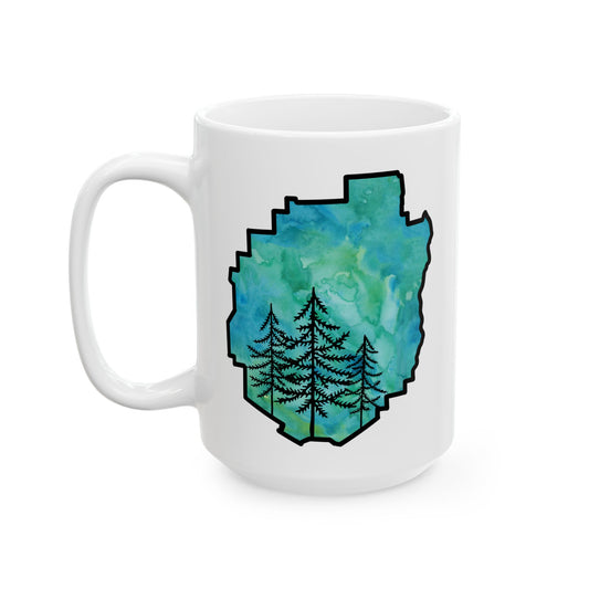 Adirondack Park Watercolor Mug – Pine Tree Forest Green Watercolor Design  (11 oz or 15 oz)