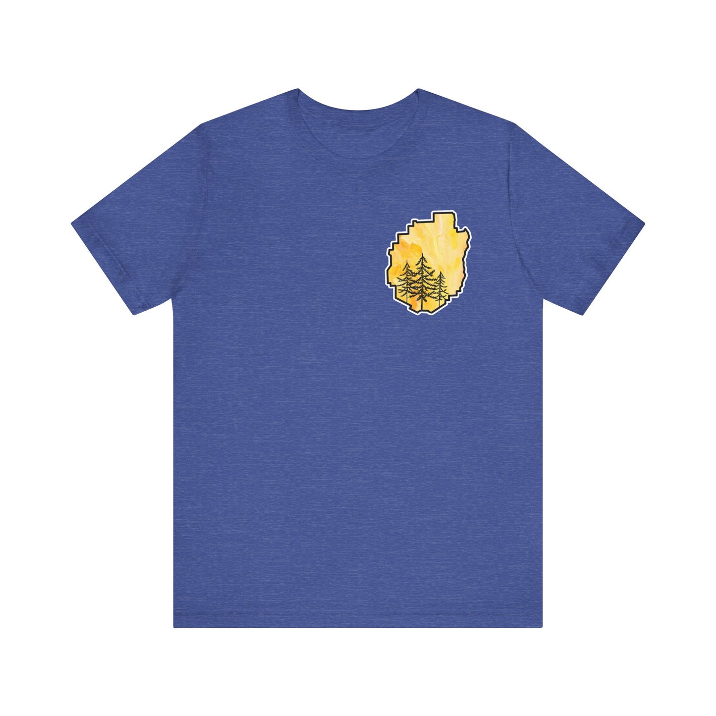 Adirondack Park Watercolor T-Shirt – Pine Tree Silhouette Design, Yellow Watercolor| Bella+Canvas Tee