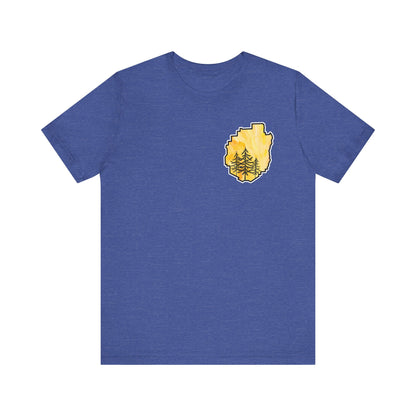 Adirondack Park Watercolor T-Shirt – Pine Tree Silhouette Design, Yellow Watercolor| Bella+Canvas Tee
